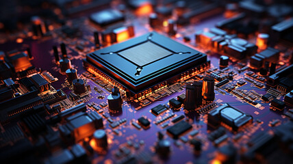 Obraz premium Microchips on a motherboard, created with AI Generative Technology