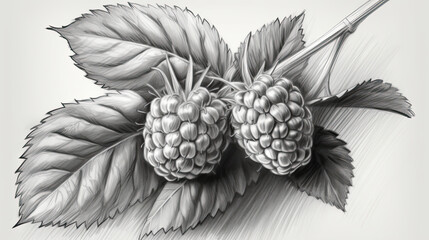 Realistic Sketching Juicy Raspberry Tree Branch Isolated on White Background. Generative AI. - obrazy, fototapety, plakaty