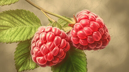 Realistic Juicy Raspberry Tree Branch Hang Against Brown Background. Generative AI. - obrazy, fototapety, plakaty