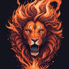 Obraz premium A fantasy watercolor painting of lion head with fire spinning against black background.Generative AI