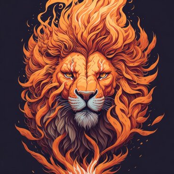  A fantasy watercolor painting of lion head with fire spinning against black background.Generative AI