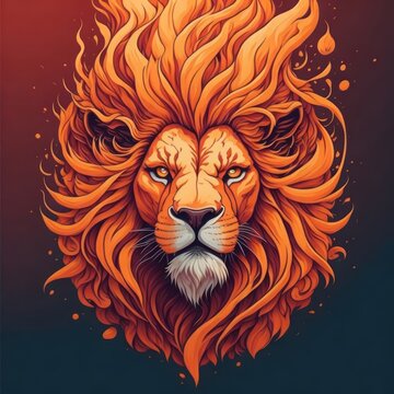  A fantasy watercolor painting of lion head with fire spinning against black background.Generative AI