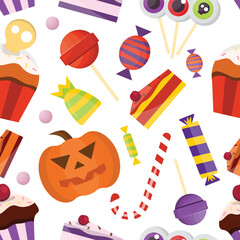 Halloween candies, seamless pattern, sweets for children. pumpkin, lollipop, candy, cupcakes, cakes. cartoon flat halloween items.