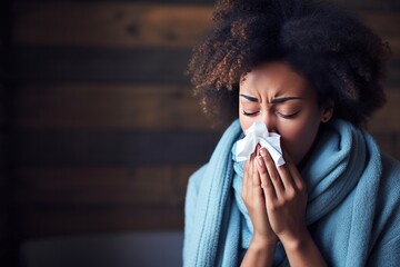 Young Black Woman with Tissue Blowing her Nose Managing Symptoms from Cold or Allergies - obrazy, fototapety, plakaty