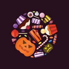 Halloween candies, arranged in circle shape, sweets for children. pumpkin, lollipop, candy, cupcakes, sweets. cartoon flat halloween items.