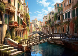 Urban landscape with narrow canals, boats and gondolas, bridges and houses.