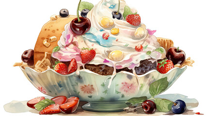 Watercolor Image of Berries Garnish Ice Cream Serving Bowl Illustration.