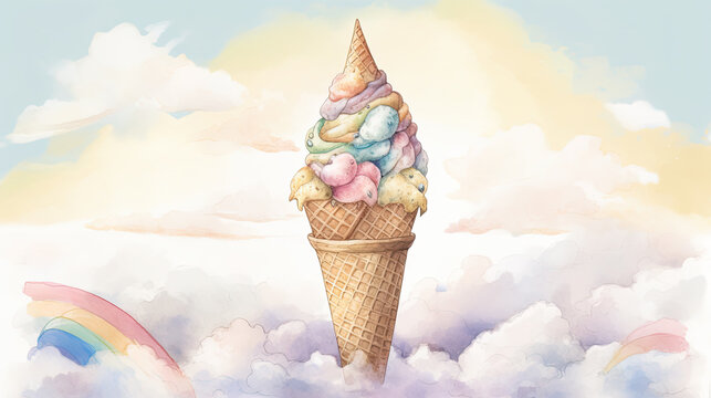 A Painting of Colorful Skyline Ice Cream Wafer Cone in Rainbow Sky Clouds.
