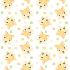 Seamless pattern with funny fox faces and colored circles. Watercolor illustration highlighted on a white background. A set OF ANIMAL FACES. Suitable for children's textile design, printing,stationery