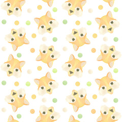 Seamless pattern with funny fox faces and colored circles. Watercolor illustration highlighted on a white background. A set OF ANIMAL FACES. Suitable for children's textile design, printing,stationery