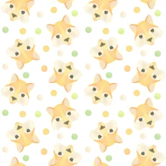 Fotobehang Seamless pattern with funny fox faces and colored circles. Watercolor illustration highlighted on a white background. A set OF ANIMAL FACES. Suitable for children's textile design, printing,stationery © Sadovskaya Daria ART