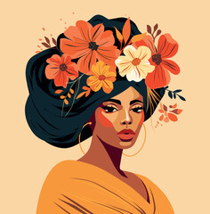 Portrait of a very beautiful woman beautiful african girl. Flowers in your hair. Hairstyle. Postcard poster banner women's day. Vector flat bright illustration on a gentle pastel background