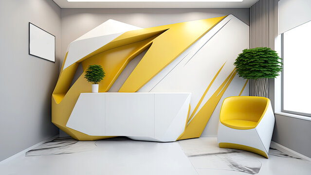 Modern Luxury Hotel or Office Reception Desk with Plant Pots and Armchair in Interior Design. Generative AI Technology.