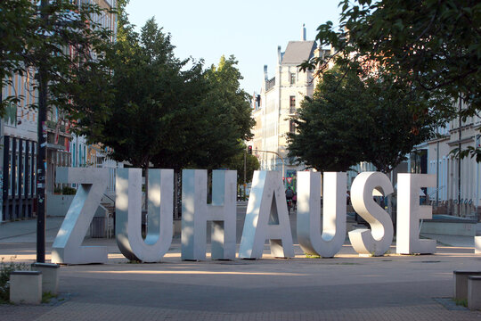Chemnitz, Germany - June 25, 2023: Sculpture "Zuhause" (At home) by Frank Rassbach and Helena Rossner, 2008, located on Bruehl boulevard.