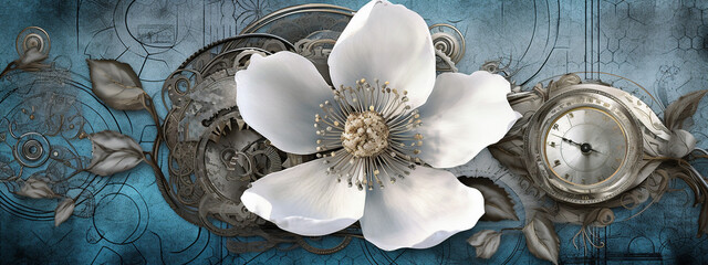 floral, vintage background, flover, products, enginer, generative, ai, steampunk, background, clockwork, brooch, jewelry