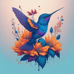 Obraz premium A fantasy watercolor painting of hummingbird with flower spinning against grey background.Generative AI