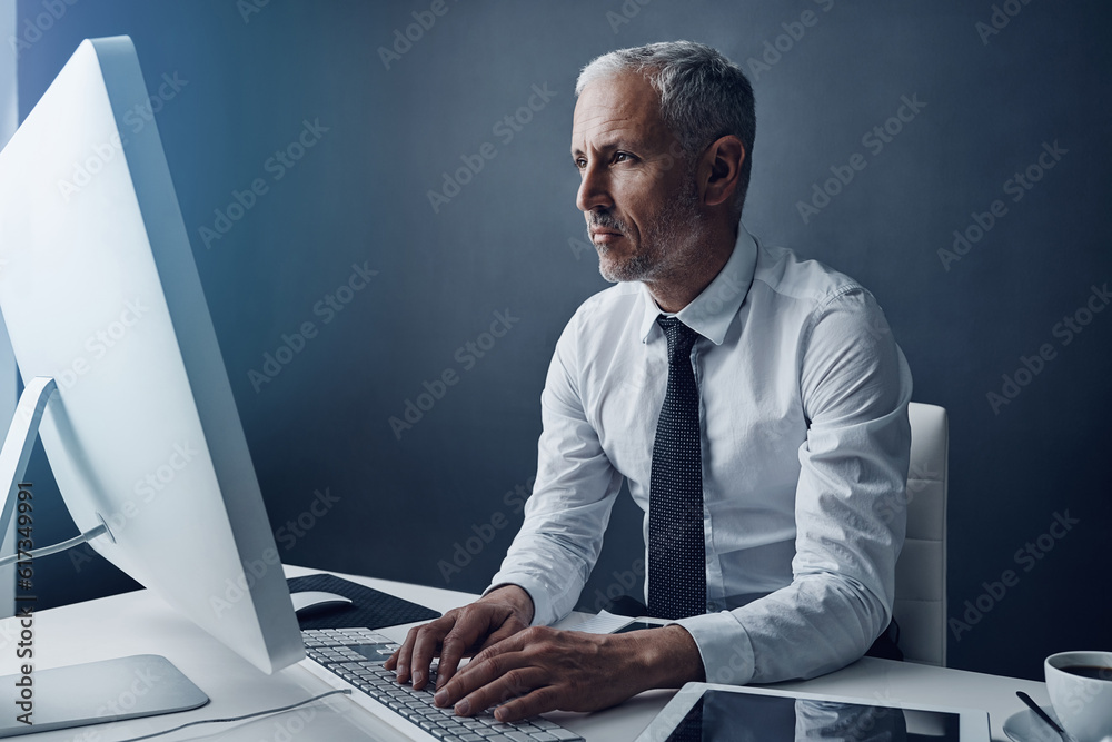 Poster computer, typing accountant and mature man in office, working and isolated on a studio background mo