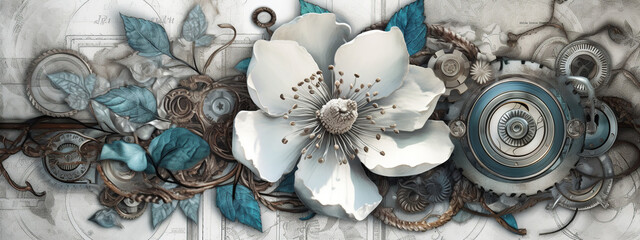 floral, vintage background, flover, products, enginer, generative, ai, steampunk, background, clockwork, brooch, jewelry