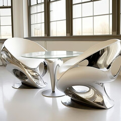 Ultra Modern Furniture of Futuristic Armchairs with a Glass Table in White and Silver Color, Living Room Interior Design. Generative AI Technology.