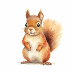 Superniedliche Wasserfarben-Illustration eines roten Eichhörnchens, Clipart auf weißem Hintergrund, Generative AI