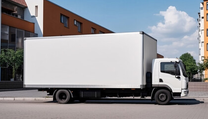 Cargo truck with blank side mock up on city streets, AI generated