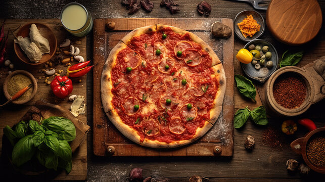 A Gourmet Pizza Topping Berry with Ingredients on Rustic Wooden Background. Generative AI.