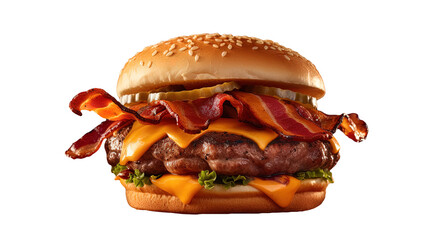 a large, juicy bacon cheeseburger with another slice of cheese on top, placing it on a bun. The detailed view makes the burger look tempting and appetizing. - obrazy, fototapety, plakaty