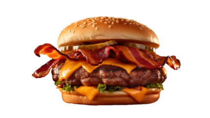 a large, juicy bacon cheeseburger with another slice of cheese on top, placing it on a bun. The detailed view makes the burger look tempting and appetizing.