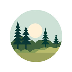 landscape icon of green forest in moonlight using vector illustration art
