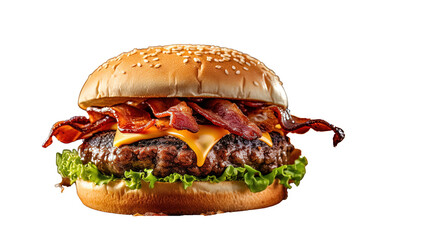 an appetizing bacon cheeseburger, including a beef patty, bacon, cheese, lettuce, and tomato on a bun.  - obrazy, fototapety, plakaty