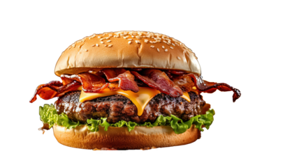 an appetizing bacon cheeseburger, including a beef patty, bacon, cheese, lettuce, and tomato on a bun. 