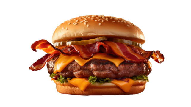 a large, juicy bacon cheeseburger with another slice of cheese on top, placing it on a bun. The detailed view makes the burger look tempting and appetizing.