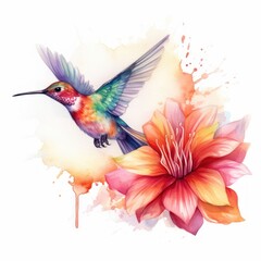 Obraz na płótnie Canvas Lebendige Wasserfarben-Illustration eines Kolibris an einer farbenfrohen Blüte, Generative AI