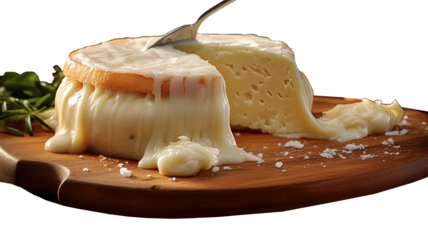 a delicious looking cheese dish served on a wooden cutting board or plate. The cheese appears to be oozing and melted, making it an enticing and mouth-watering presentation.
