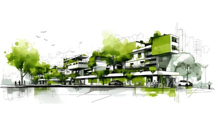 Sustainable urban design project concept. Green cityscape, including eco-friendly buildings and lush parks. It reflects a future focused approach to city planning. Generative AI