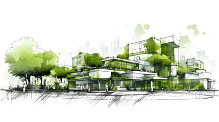 Sustainable urban design project concept. Green cityscape, including eco-friendly buildings and lush parks. It reflects a future focused approach to city planning. Generative AI