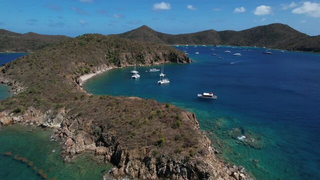 Boats in Tortola island coves in the British Virgin Islands sky view