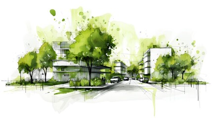 Sustainable urban design project concept. Green cityscape, including eco-friendly buildings and lush parks. It reflects a future focused approach to city planning. Generative AI