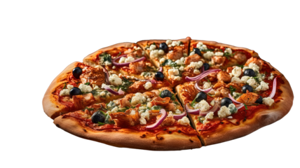 a delicious, freshly baked pizza with various toppings, including vegetables and cheese.