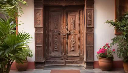 Fototapeta na wymiar Entrance rustic wooden door with wood carvings on the facade of a cozy country house or cottage. AI generated