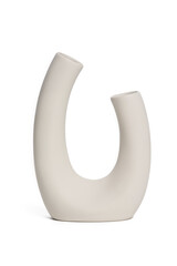 Subject shot of a white matte ceramic vase in a scandinavian style with two holes. The designer vase is isolated on the white background.