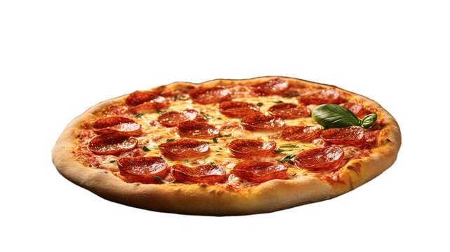 This image showcases a delicious, recently cooked pepperoni and basil pizza. 