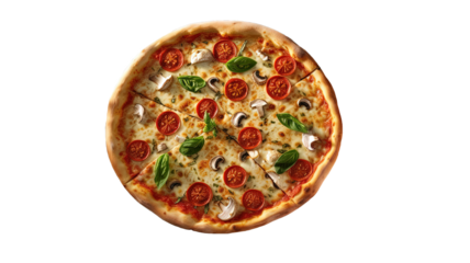 a delicious and freshly baked Margherita pizza, topped with tomato sauce, cheese, and fresh basil. 
