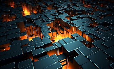 Obraz premium Modern Digital Abstract 3D. Geometric Design. Technological Processes. Brights Neon, Cubes, Polygons. Generative AI.