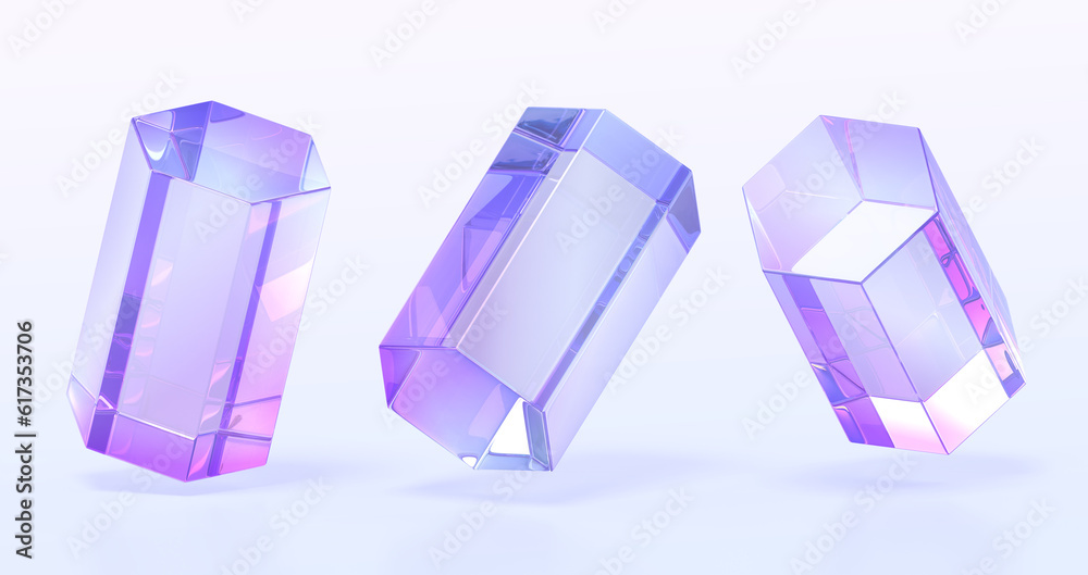 Poster glass hexagonal prism in different angle view 3d render icons set. abstract figures geometric shapes