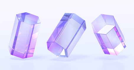 Glass hexagonal prism in different angle view 3d render icons set. Abstract figures geometric shapes with hologram gradient texture, crystal rainbow objects, isolated graphic elements. 3D illustration