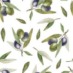 Obraz na płótnie Canvas Olive branches, leaves and fruits. Watercolor seamless pattern. Olives on white background. For fabric, packaging paper, scrapbooking, product packaging design