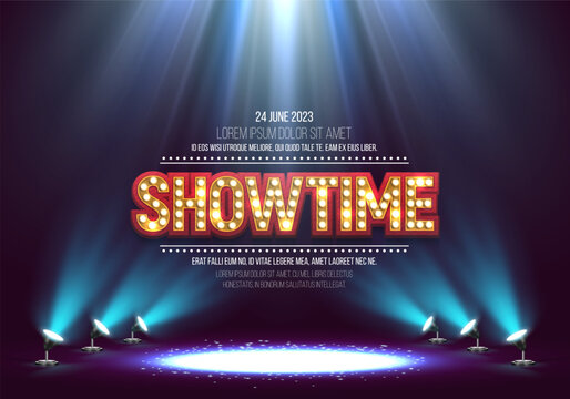 Showtime. Scene for presentation illuminated by spotlights. Vector illustration.