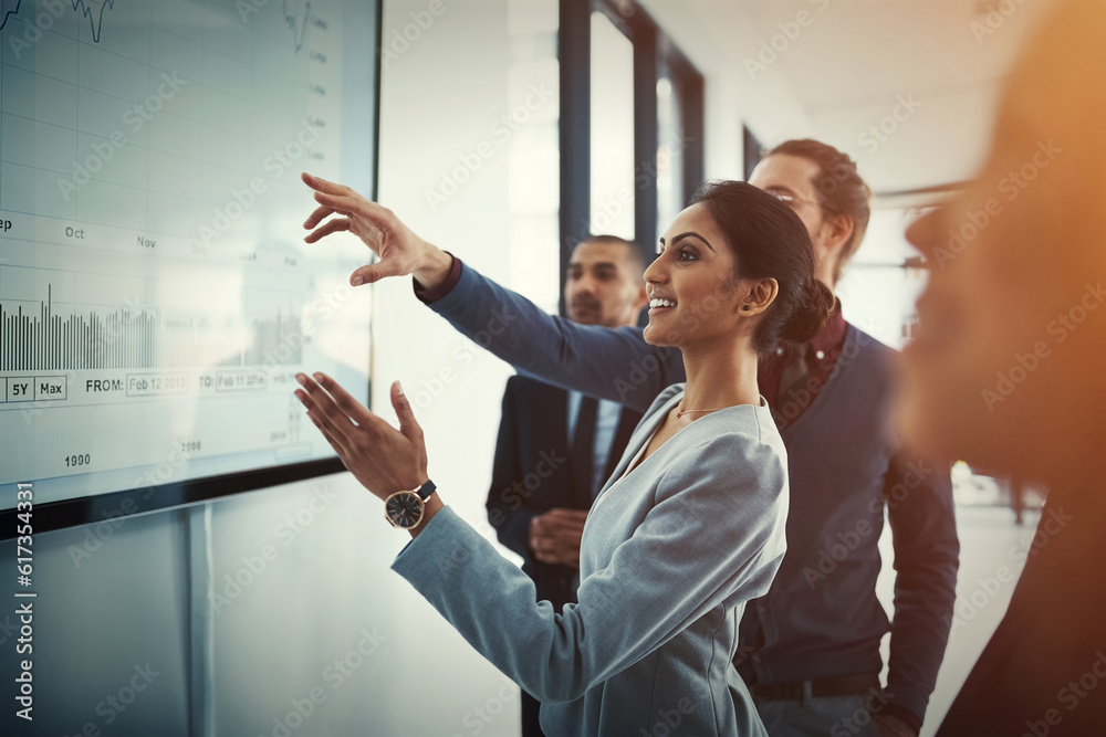 Poster analytics, teamwork and meeting with business people in office for project management, coaching and 