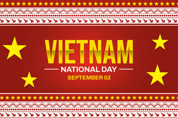 Vietnam National Day background design in traditional border style with stars and typography in the center - obrazy, fototapety, plakaty